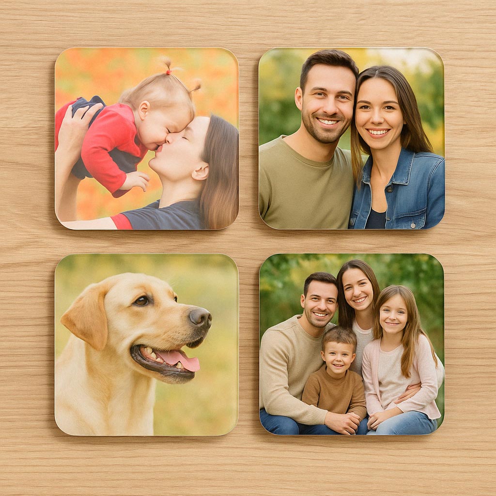 Personalizirani podmetači za čaše od plexiglasa – Set 4 kom (9x9 cm)