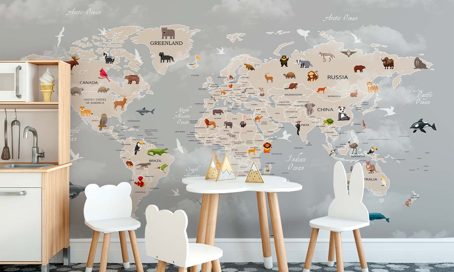 Foto tapete za zid,  Karta svijeta i životinje - SW601