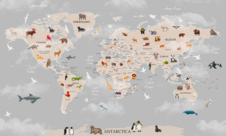 Foto tapete za zid,  Karta svijeta i životinje - SW601