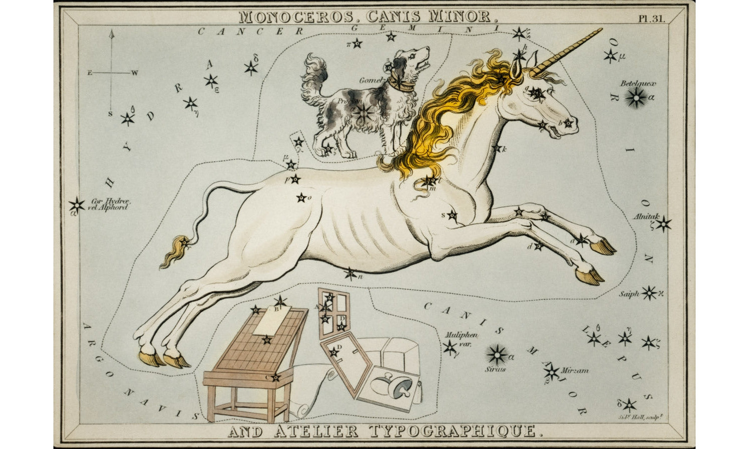Sidney Hall’s (1831) astronomical chart illustration of the Monoceros, Canis Minor and the Atelier, poster PS290