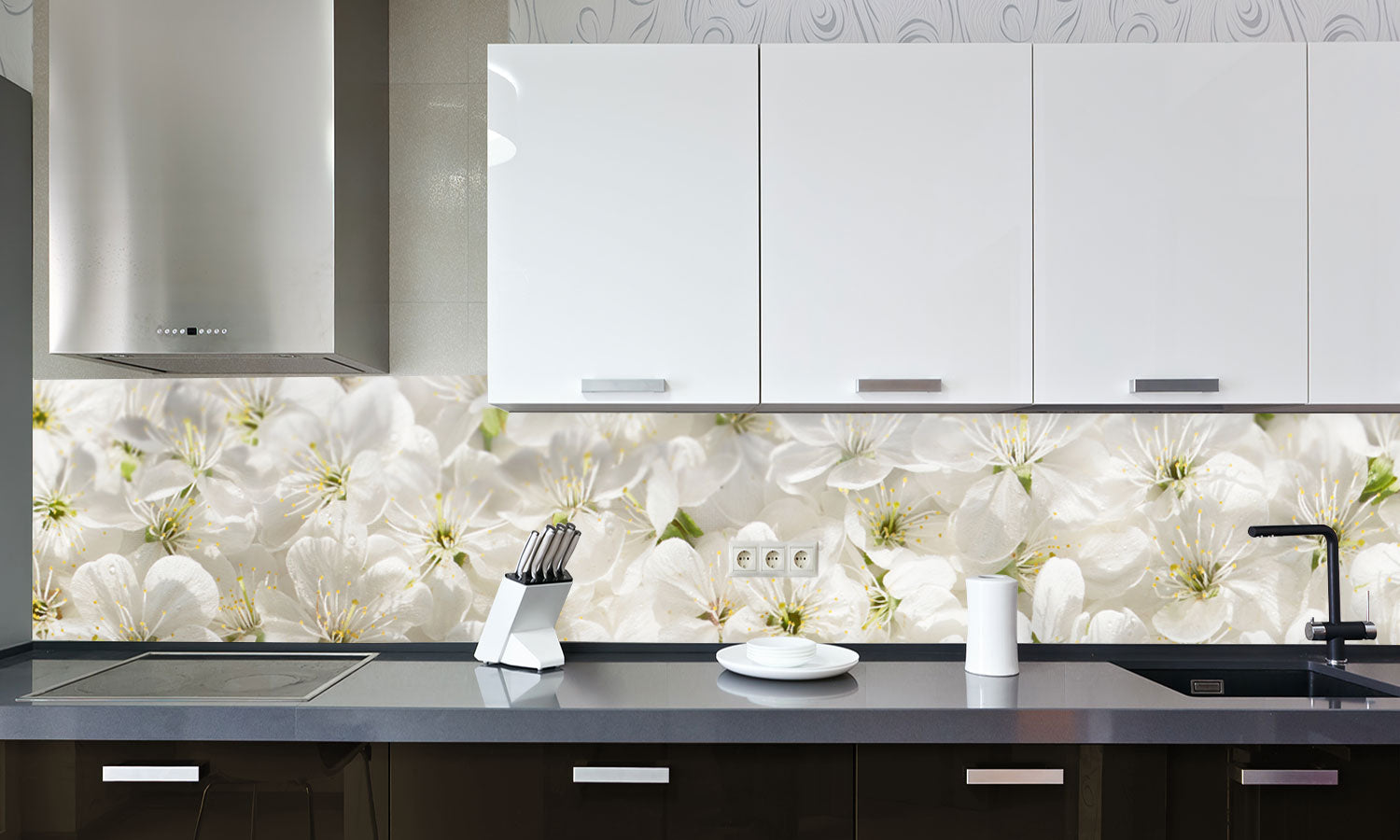 Paneli za kuhinje White cherry flowers - Stakleni / PVC ploče / Pleksiglas -  sa printom za kuhinju, Zidne obloge PKU023