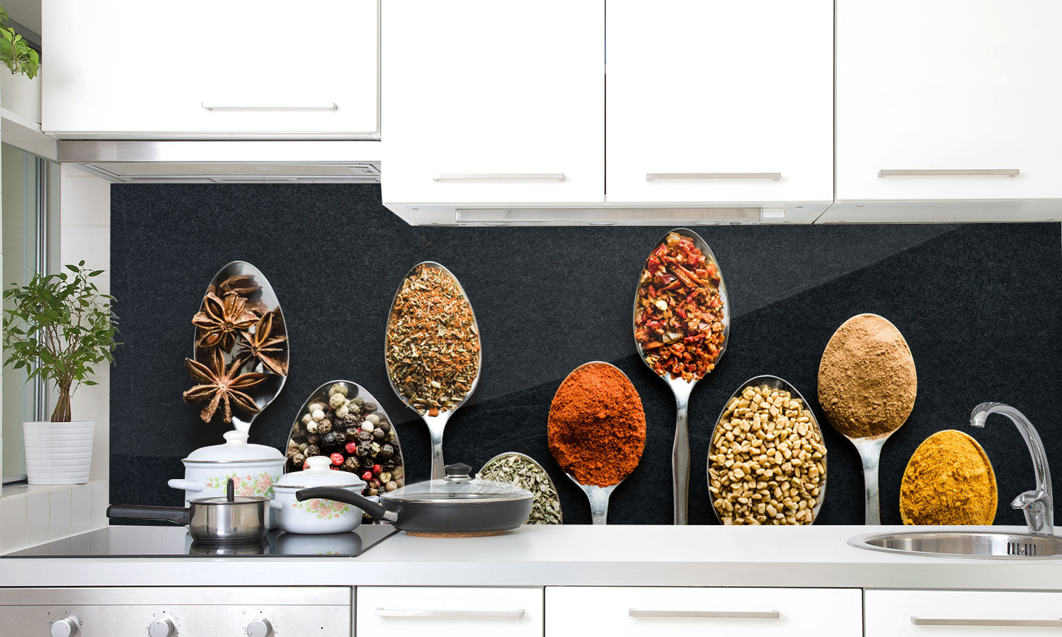 Paneli za kuhinje Herbs in metal spoons -  Stakleni / PVC ploče / Pleksiglas -  sa printom za kuhinju, Zidne obloge PKU186