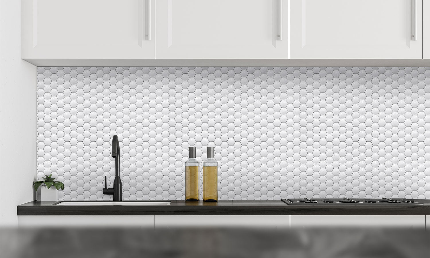 Paneli za kuhinje White shiny hexagon-  Stakleni / PVC ploče / Pleksiglas -  sa printom za kuhinju, Zidne obloge PKU105