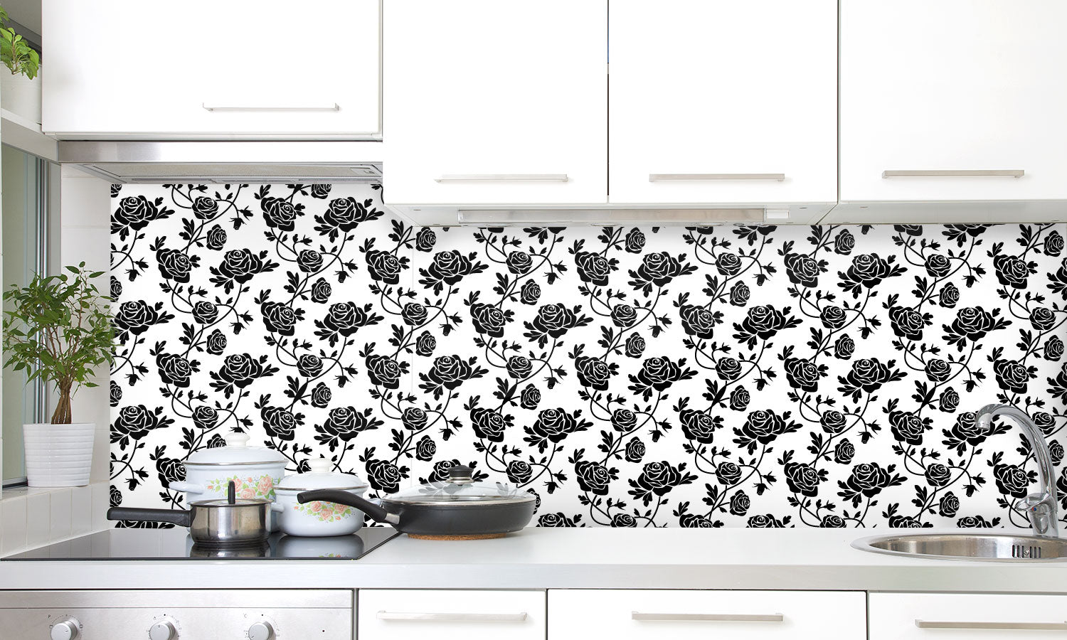 Paneli za kuhinje  Black roses at white -  Stakleni / PVC ploče / Pleksiglas -  sa printom za kuhinju, Zidne obloge PKU352