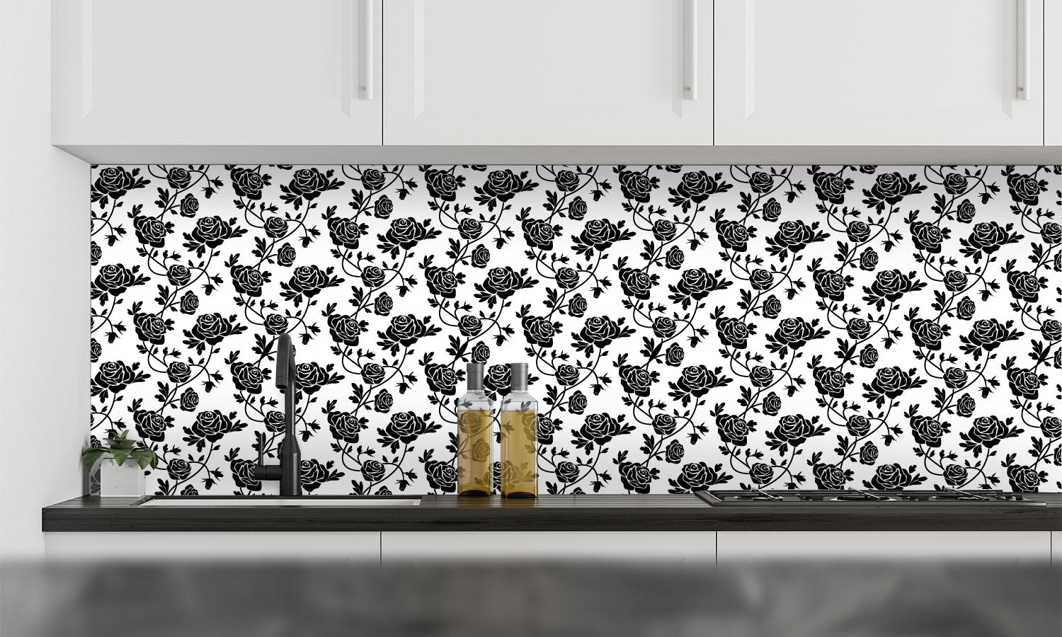 Paneli za kuhinje  Black roses at white -  Stakleni / PVC ploče / Pleksiglas -  sa printom za kuhinju, Zidne obloge PKU352