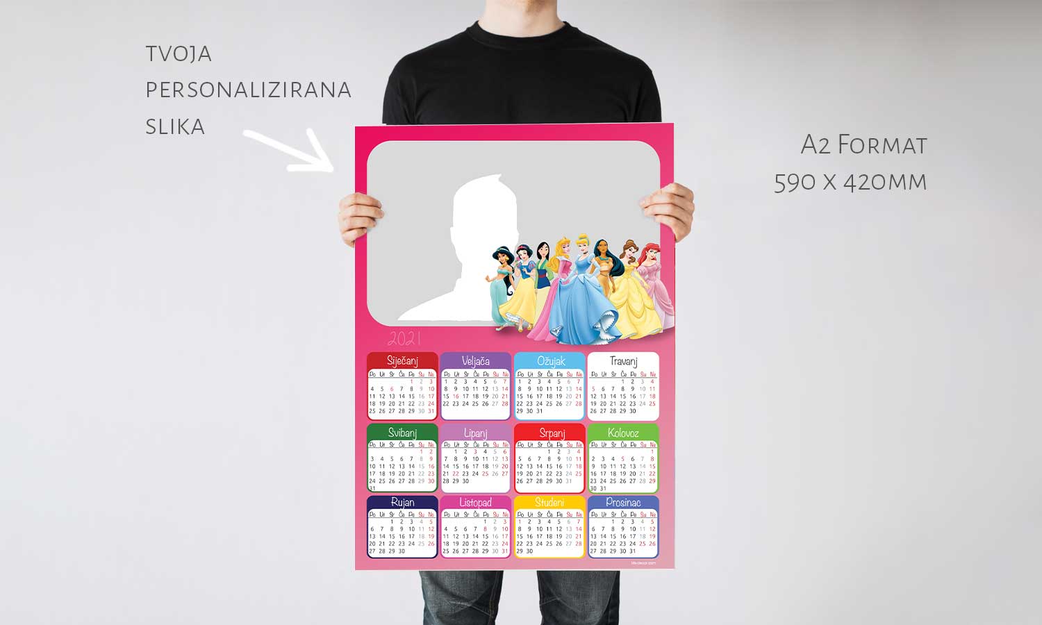 Kalendar Princeza 2023g., zidni, personalizirani s vašom slikom A2 format - KAL005