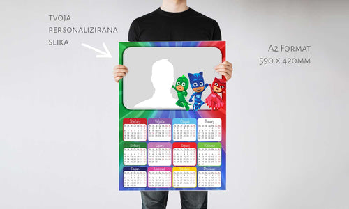 Kalendar PJ Mask 2023g., zidni, personalizirani s vašom slikom A2 format - KAL004