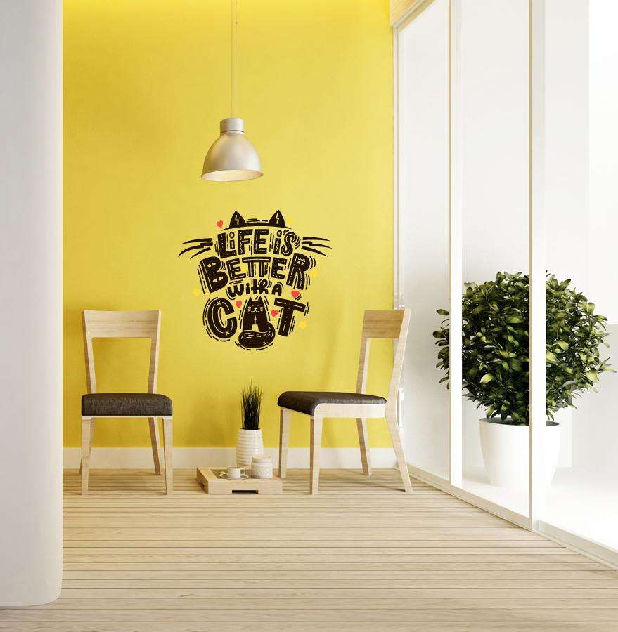 Zidni natpis Life is better with cat- samoljepljive naljepnice, tekst, citati, tekstualne naljepnice.